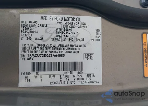 2005 Ford Explorer Xlt/Xlt Sport/Nbx z USA, uszkodzony, nr VIN 1FMZU73K05ZA64085